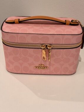 Coach Pink Signature Cosmetic Case with Tan Handle and Gold Hardware